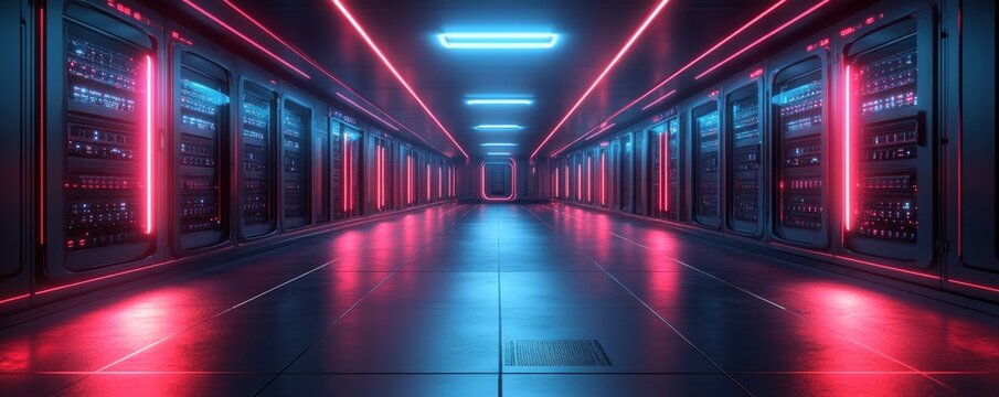 Futuristic server room with red and blue neon lights.