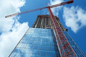 Fototapeta premium Modern High Rise Commercial Office Building In Construction Stage With Huge Crane.