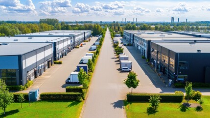 Aerial View of Modern Industrial Park with Trucks and Green Spaces