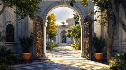 A picturesque courtyard scene featuring a grand arched entrance with intricately designed wrought iron gates. The gates are open, leading to a beautifully landscaped garden path lined with lush green 