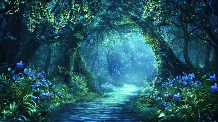 Fototapeta premium Enchanted Forest Path with Blue Flowers and Glowing Lights