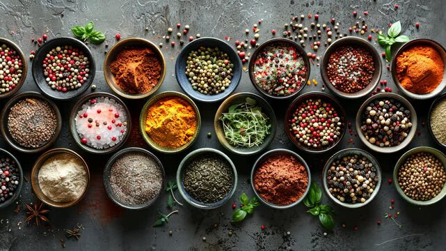 Exploring a vibrant array of spices arranged in bowls with herbs on a textured surface