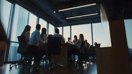 Silhouettes of a group of diverse businesspeople in a meeting, facing a window with a city view.