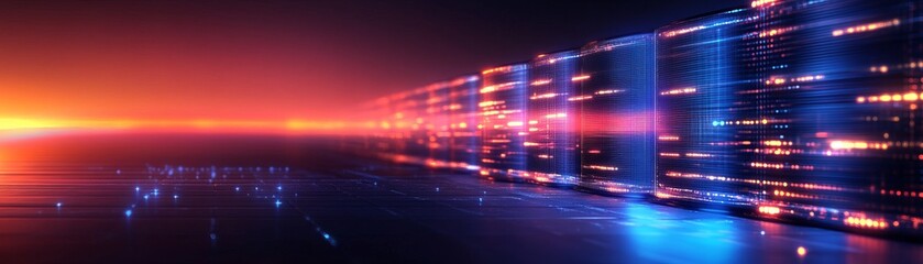 Naklejka premium Futuristic digital landscape with vibrant lights and glowing effects, representing technology and innovation in a captivating visual.