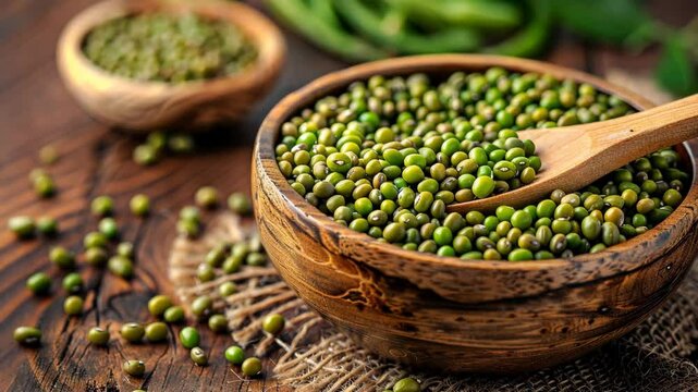 Fresh harvest of green mung beans in a rustic bowl with a wooden spoon for healthy recipes and culinary inspiration