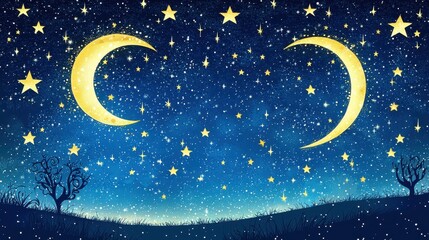 Naklejka premium Night Sky with Golden Crescent Moons and Stars