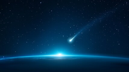Stunning cosmic scene featuring a bright comet soaring through a starry night sky above a glowing horizon.