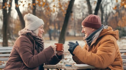 Fototapeta premium A senior couple enjoys a warm drink on a chilly autumn day.