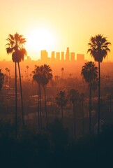 Los Angeles golden hour cityscape over downtown skyscrapers, California. United States Of America.