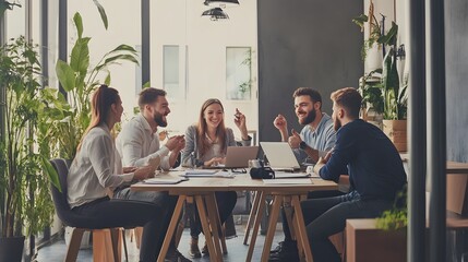 Team of diverse young professionals collaborating in a modern office setting.
