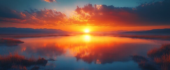 Obraz premium Dramatic sunrise over a calm lake with fog and mountain silhouette.