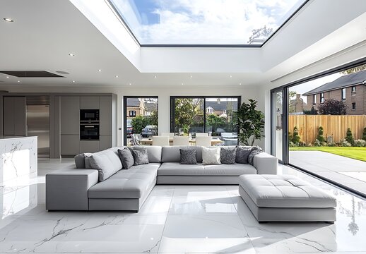Property Interiors: Luxury interior view of an open plan grey shaker style fitted kitchen and lounge area with island, crushed velvet sofa, large open bifold patio doors & American fridge glossy tiled
