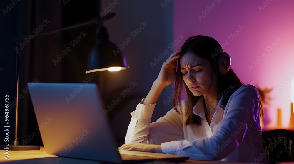 Poster Woman with a headache at her desk, looking tired.