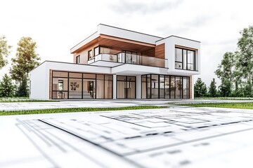 Architect's drawing of a house with plan. Construction site. Design and construction concept.