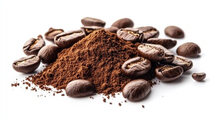 Obraz premium Fresh Coffee Powder with Scattered Beans on White Background - High Resolution Image with Clipping Path