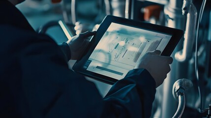 A worker inspects equipment using a tablet, examining a digital diagram.