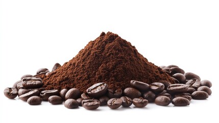 Fragrant Coffee Powder Pile on White with Beans Scattered - Clipping Path Included