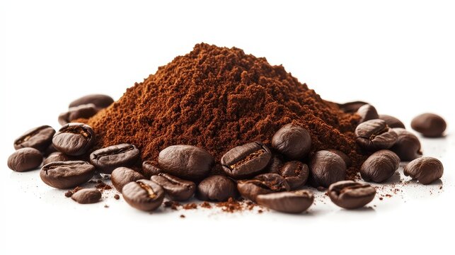 Rich Coffee Powder Texture with Scattered Beans on White Background - High-Quality Isolated Image with Clipping Path