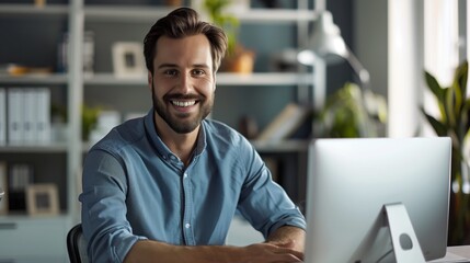 Naklejka premium Professional Smiling Man Working on Computer in Modern Office Environment