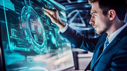 A businessman in a suit interacts with a digital display, analyzing data and insights.