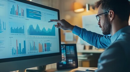 A businessman points to a graph on a computer screen, analyzing data.