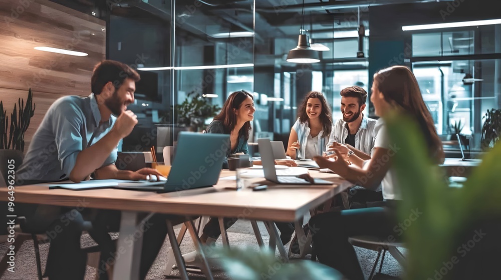 Canvas Prints A group of diverse young professionals collaborating on a project in a modern office setting.