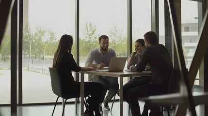 Fototapeta premium A diverse team of four professionals work together around a table in an office setting.