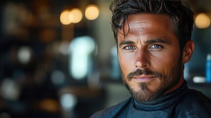 Obraz premium Handsome man with a beard and stylish haircut looking at the camera in a barbershop.
