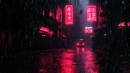 A dark alleyway is illuminated by neon signs in vibrant red hues during a heavy rainfall. The scene is atmospheric, with a futuristic and cyberpunk aesthetic. The wet street reflects the red neon ligh