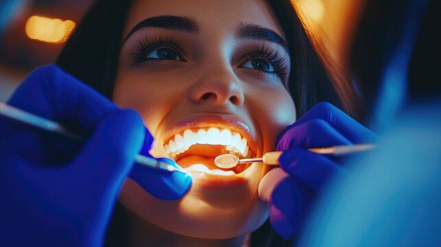doctor in blue medical gloves makes examination of oral cavity of patient brunette girl close-up.Oral care and dental health concept