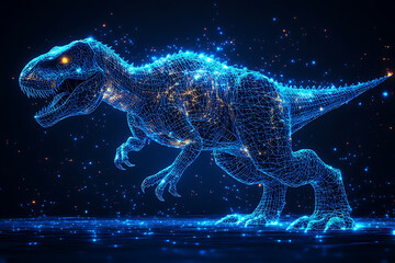 T - REX silhouette logo in wireframe style on blue background


