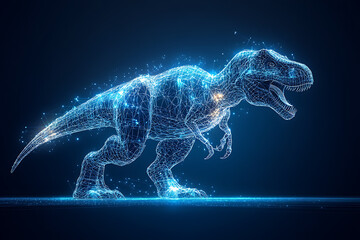 T - REX silhouette logo in wireframe style on blue background


