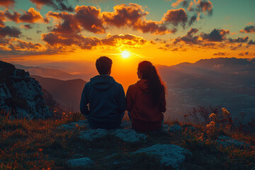 Obraz premium A couple watching a stunning sunset together, lost in the beauty of the moment. Concept of romantic bliss and shared wonder. Generative Ai.