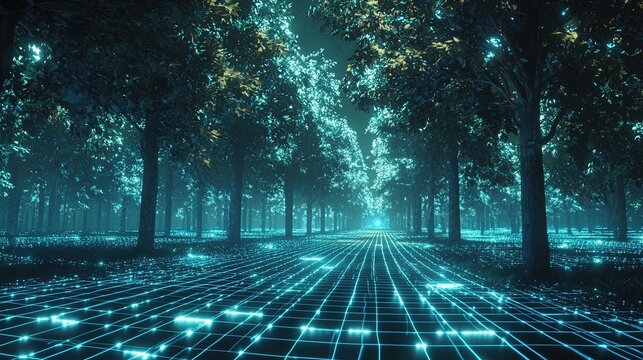 The image portrays a digitally enhanced forest scene with a surreal, high-tech twist. Tall trees are abundant with lush, dense foliage, and they create a canopy overhead that is illuminated with a sof