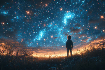 Fototapeta premium A child gazing in awe at a night sky filled with shooting stars. Concept of wonder and endless possibility. Generative Ai.