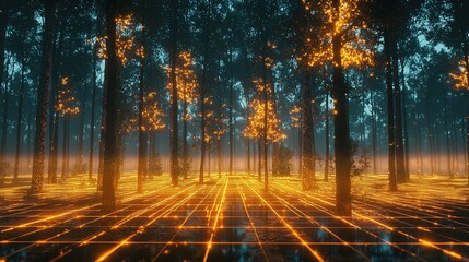 Obraz premium A surreal and futuristic forest scene where the ground is covered with a glowing orange grid. The tall trees have branches and leaves illuminated with the same orange light, giving a sense of digital 