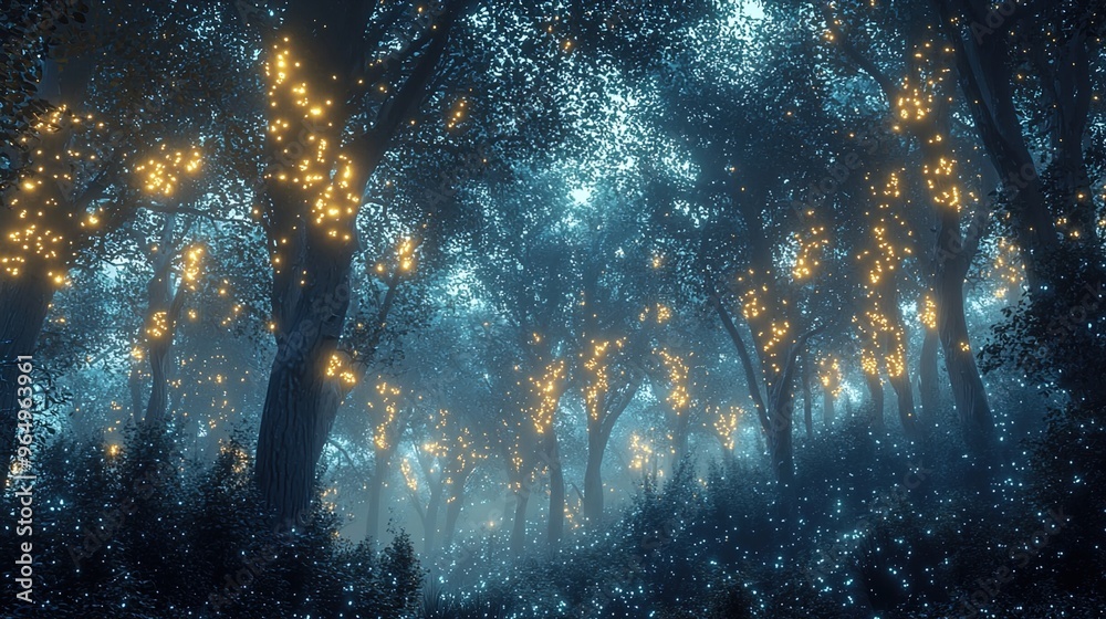 Wall mural a mesmerizing, dreamlike forest scene where trees are illuminated by countless glowing lights. the f