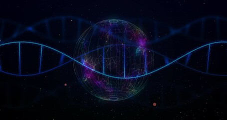 Animation of globe and dna strands over data processing - Powered by Adobe