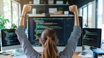Excited Female Programmer Celebrating Success at Computer Desk