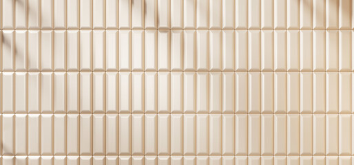 3d beige tile wall background. Vertical rectangle pattern for bathroom, kitchen or toilet interior with light and shadow. Pastel brick ceramic texture, modern bath room render mockup. 3D illustration