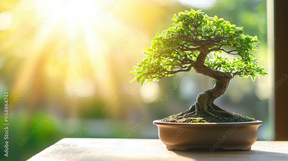 Sticker bonsai tree in sunlight with green background