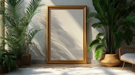 Empty gold frame mockup with tropical plants and sunlight on a white wall.