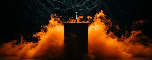 A Halloween lecture at a wooden podium covered in black velvet and cobwebs