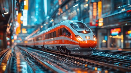 Fototapeta premium High-Speed Train Model Toy on Track in Shopping Mall with Blurred Background, Macro Photography and Dynamic Blur Effect