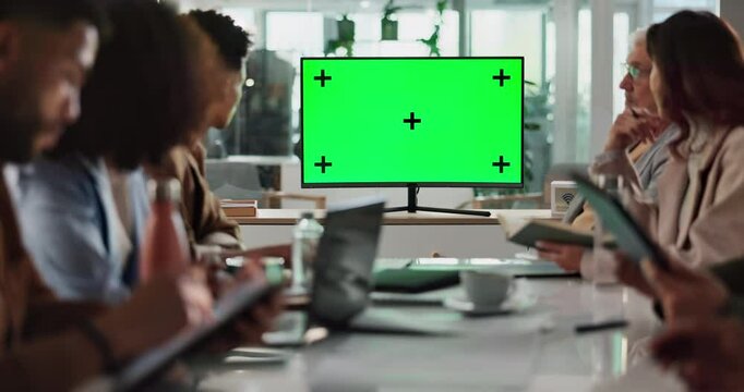 Business people, meeting and green screen on tv for training, team planning and project review. Staff, creativity and together for growth development on agenda, mockup space and proposal feedback
