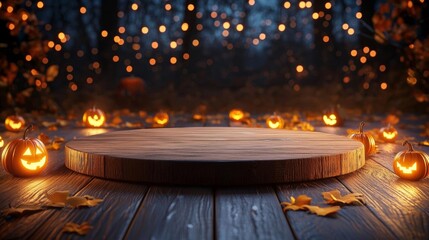 A wooden podium lit by flickering lanterns in a spooky Halloween marketplace