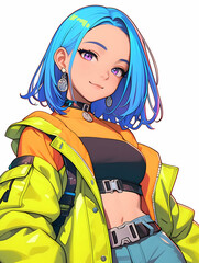A young woman with blue hair and bright purple eyes, wearing a yellow jacket and blue jeans.