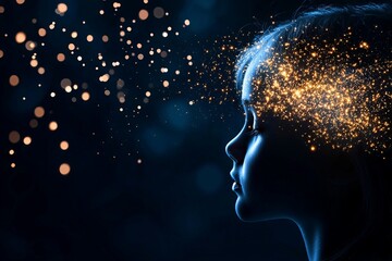 A silhouette of a child with a magical burst of light and stars representing imagination and creativity in a dark setting.