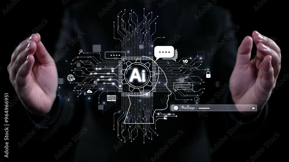 Poster human interact with ai artificial intelligence brain processor in concept of ai artificial intellige