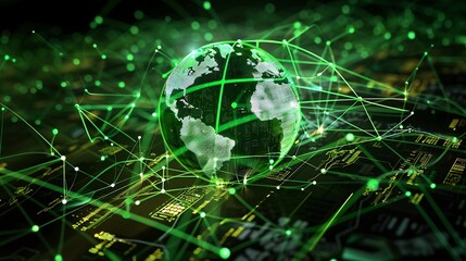 A Green Digital Planet Surrounded By Lines In The Form Of A Network And Money Transfers In The Form Of Dollars, Euros, Cryptocurrencies etc.